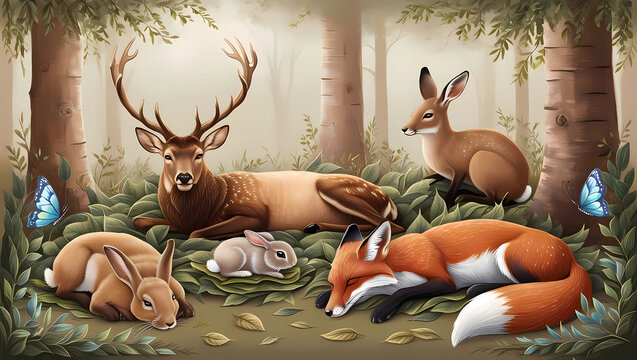 Enchanted Forest Animals - Deer, Rabbits & Fox Scene