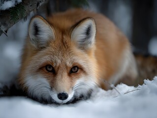 Obraz premium Witness the Majestic Red Fox Crouching in Natural Habitat Eye-Level Wildlife Photography Captures Intricate Fur Details Intense Gaze and Authentic Forest Ambience for Nature Lovers