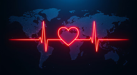 Glowing red heart line symbolizes global health, heartbeat pulse on world map background, medical concept, healthcare, love, charity, neon light effect, international medical care