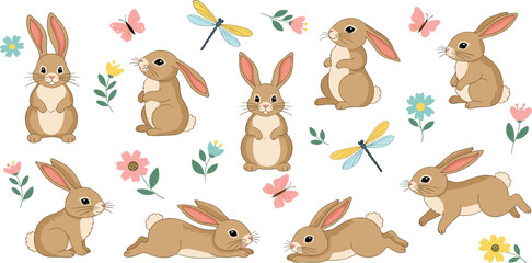 Naklejka premium Rabbits collection. Vector illustration of cute cartoon brown bunny in different poses and actions: sitting, jumping laying. Isolated on white