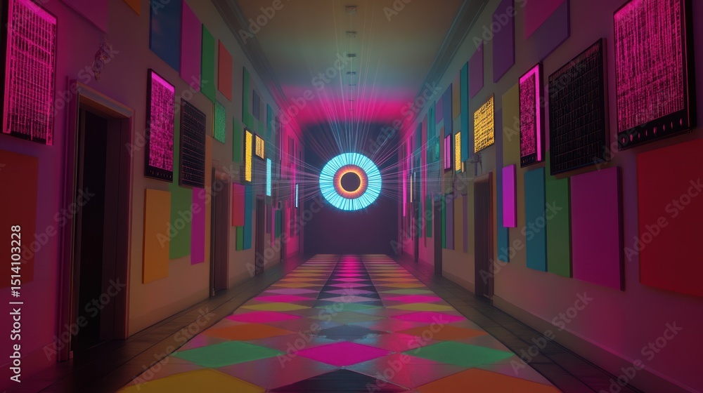 Poster neon corridor: psychedelic journey through a vibrant neon-lit corridor. walls adorned with colorful 