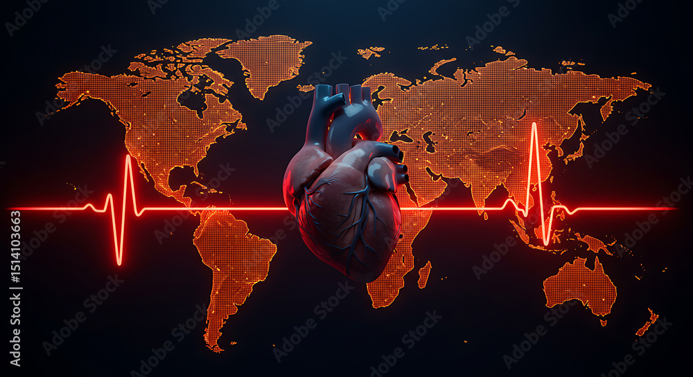 Poster global health data visualization with human heart and digital world map