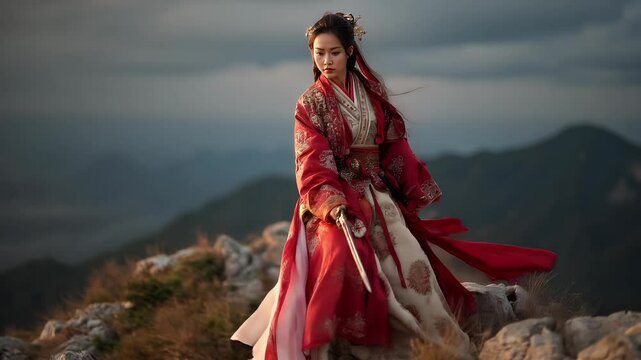 Chinese swordswoman in silk robes atop misty peak