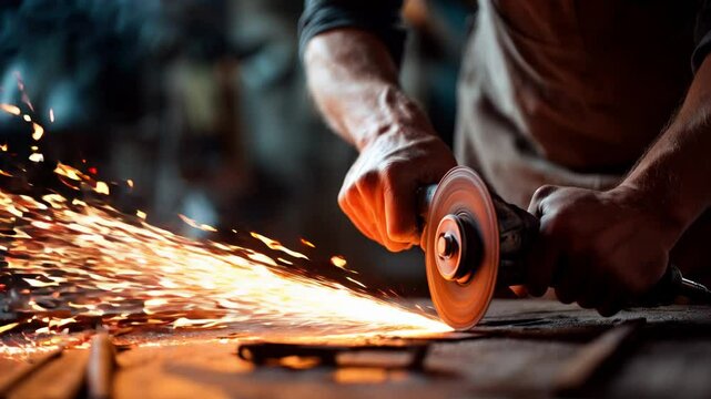 Metal worker grinding steel surface, producing vivid orange sparks during precision cutting process in industrial workshop environment