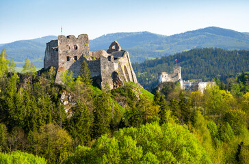 Two castles by lake Czorsztyn at sunny day, Poland