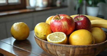 A still life image of a fruit bowl on a wooden table, containing apples, lemons, and bananas under natural lighting - Powered by Adobe