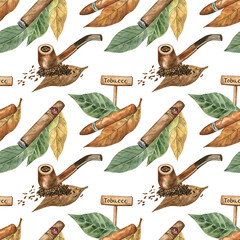 Watercolor tobacco leaves, smoking pipe and cigars - seamless pattern design for fabric, home textile, wallpaper, wrapping paper, and more