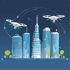 Smart city skyline at night with drones and digital lighting.