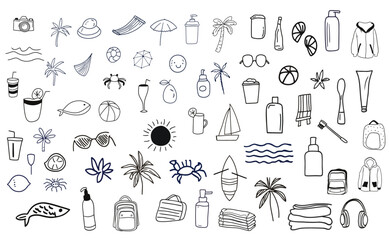 Hand drawn doodle style black summer vacation travel illustration set. Greek and Italian coast sea beach elements. Sea weekend art for invitations to party and wedding. Chalk charcoal style designs.