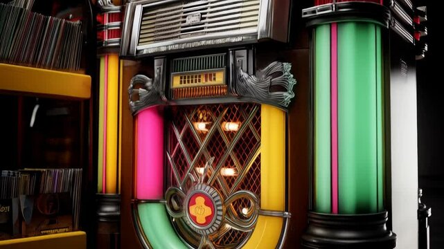 Retro jukebox with colorful neon lights and vintage vinyl records, embodying a nostalgic atmosphere of music and entertainment in a dimly lit setting.