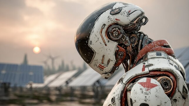 Cybernetic Robot at Sunset Near Solar Panels and Wind Turbines - Powered by Adobe