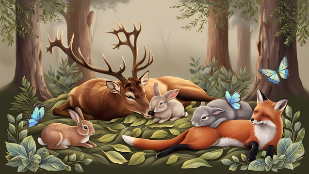 Forest Gathering - Deer, Foxes & Rabbits with Blue Butterflies