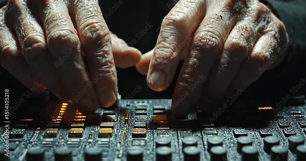 Aufkleber close-up of hands on a mixing console showing fingers pressing buttons. dark background with lightin