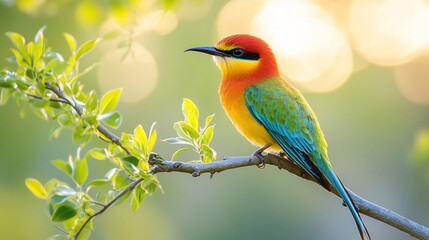 Obraz premium Vibrant european bee-eater perched on branch in golden light of a spring morning