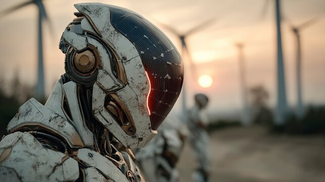Future Robot in a Sunset Landscape with Wind Turbines