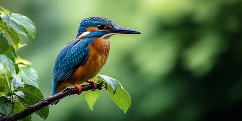Vibrant kingfisher perched on a branch against a blurred green backdrop