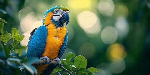 Vibrant macaw perched on a branch, amidst lush foliage with a bokeh backdrop