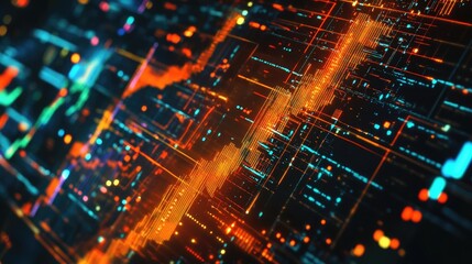 Digital interface displaying complex financial data and red waveform graphs over dark grid layout with scattered numeric labels. Generative by AI