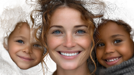 Smiling woman with two children happy family portrait close up