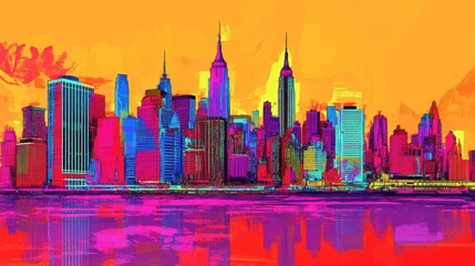 Fototapeta premium Stylized city skyline with tall skyscrapers reflected on water under vibrant multicolored sunset sky in abstract painting style. Generative by AI