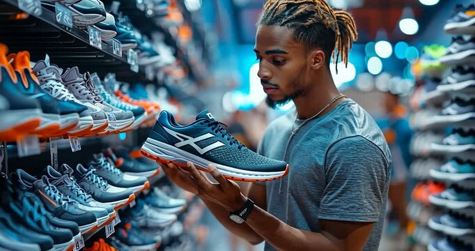Focusing on the shoe selection, the image shows a young man carefully examining a shoe in a store, with shelves of sports shoes in the background. It uses a warm, natural lighting style. The lighting