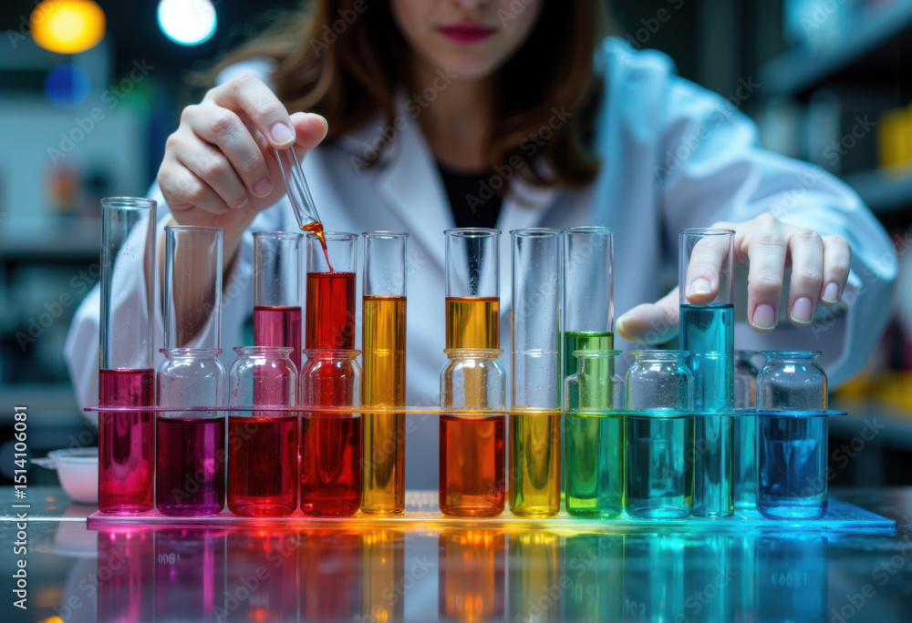 Poster scientist conducting chemical experiment with colorful liquids in test tubes in laboratory setting