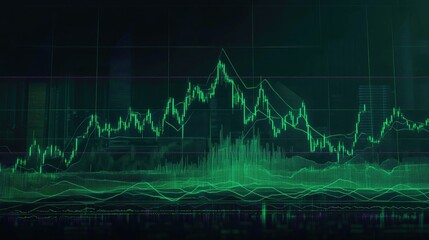 Abstract visualization of green financial data graphs and vertical lines forming a complex digital matrix with glowing grid overlays, symbolizing analytics and market activity. Generative by AI