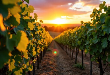 Naklejka premium Vineyard rows at sunset with lush green leaves and warm golden light