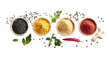 Assortment of spices in bowls with herbs and chili pepper on white  