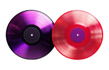 Two colorful vinyl records in purple and red on a white background  