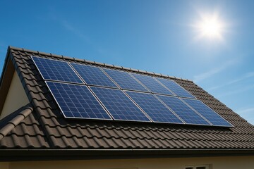 Array of Sleek Solar Panels Installed on a Residential Rooftop Under a Bright Sunny Sky Harnessing Clean Renewable Energy for a Sustainable Home