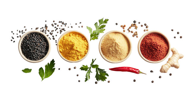Assortment of spices in bowls with herbs and chili pepper on white