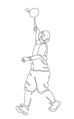 Woman playing badminton. Continuous line drawing. Black and white vector illustration in line art style.
