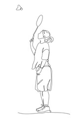 Young woman with acket playing badminton. Side view. Continuous line drawing. Black and white vector illustration in line art style.