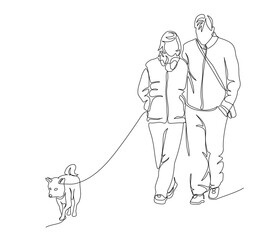 Couple woman and man with dog walking. Wear jackets. Front view. Continuous line drawing. Black and white vector illustration in line art style.