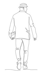 Man in hat looking right and walking away. Continuous line drawing. Black and white vector illustration in line art style.
