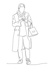 Woman in coat using phone walking. Front view. Continuous line drawing. Black and white vector illustration in line art style.
