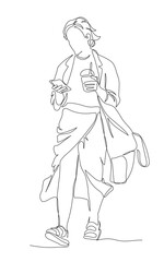 Woman using phone holding drink walking. Continuous line drawing. Black and white vector illustration in line art style.