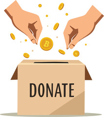Donate bitcoin crypto currency to charity fundraising box concept illustration for investment and help