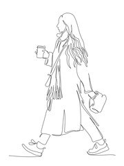 Woman holding drink and package with snack walking. Wear coat and scarf. Side view. Continuous line drawing. Black and white vector illustration in line art style.