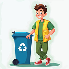 Cartoon boy recycling with blue bin vector illustration for environmental awareness and education project