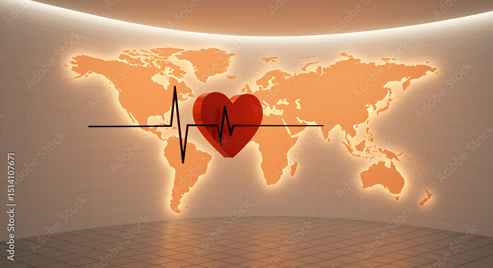Poster global healthcare network with heart and ecg line on world map background
