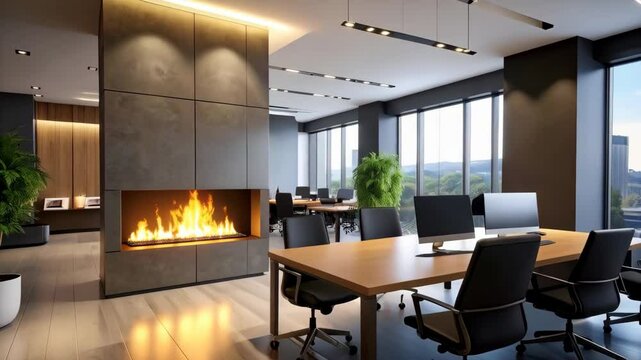Modern workspace with fireplace, long tables, computers, rolling chairs, natural light from big windows, and city views.