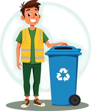 Cartoon man recycling waste in blue bin vector illustration for environmental awareness campaign