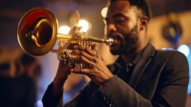 African-descent musician wearing suit performing brassy trumpet song indoor with spotlight.