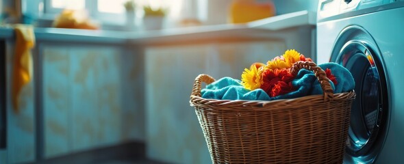 Colorful Laundry Basket Filled with Clothes Beside a Teal Washing Machine