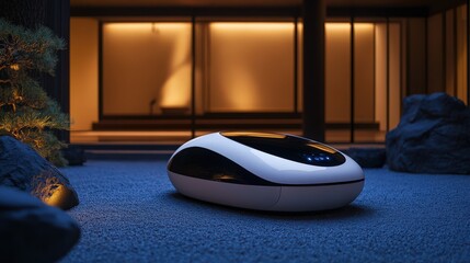 In a serene zen garden designed with precision an advanced AI robot showcases its flawless performance amid elegant symmetry and artistic lighting as a masterpiece is unveiled