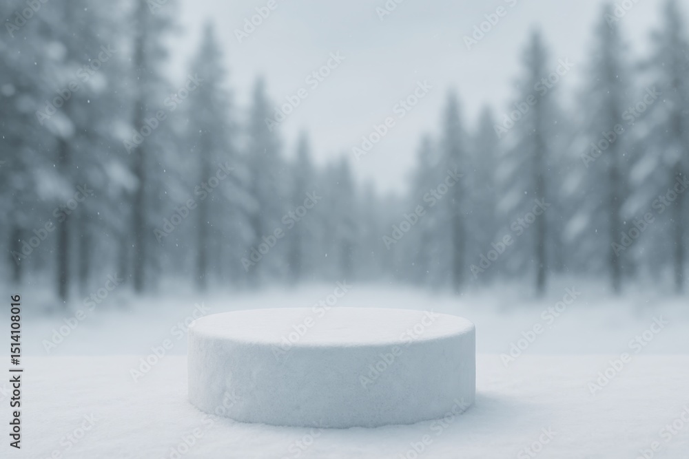 Poster minimalist winter landscape with a snow-covered podium or platform for product placement set against
