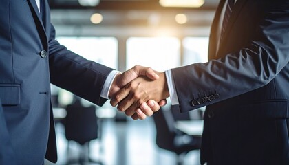 スーツに身を包んだビジネスマン同士が、会議室で未来を握るように交わす握手が印象的なワンシーン

