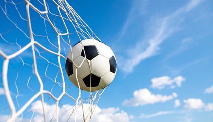 青い背景にサッカーボールとネットが配置され、瞬間を切り取るようなスポーツの物語を感じさせるビジュアル

